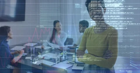 Animation of binary codes, computer language and graphs, biracial woman standing Stock Footage 246961531