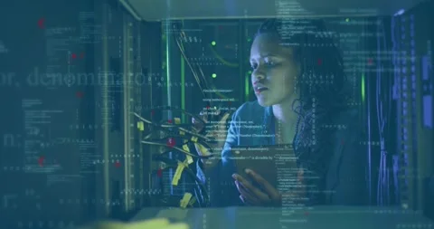 Animation of binary codes, computer language, african american woman checking Stock Footage 248822010