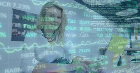 Animation of binary codes, computer language and trading board, caucasian woman 動画素材 251289363