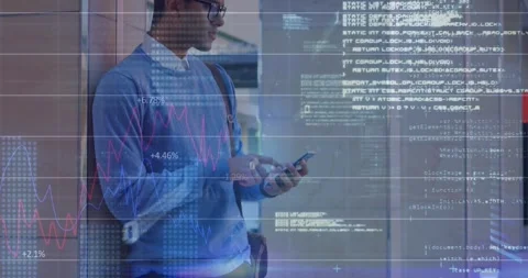 Animation of binary codes, computer language, biracial man standing and 動画素材 252965329