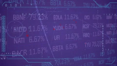 Animation of binary codes, computer language and stock market over abstract Stock Footage 255357578