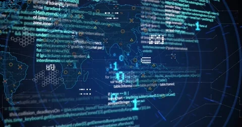 Animation of binary codes, computer language and geometric shapes on map over Video stock 257102387