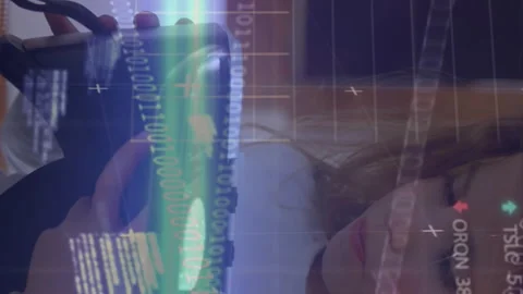 Animation of binary codes, computer language, trading board over caucasian girl Stock Footage 312422879