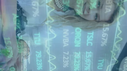 Animation of binary codes, computer language and trading board, caucasian woman Stock Footage 312442651