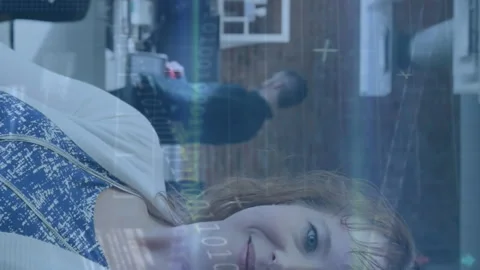 Animation of binary codes, computer language, trading board over caucasian woman Stock Footage 313170345