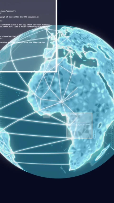 Animation of binary codes, computer language, rotating globe and server racks Stock Footage 319212636