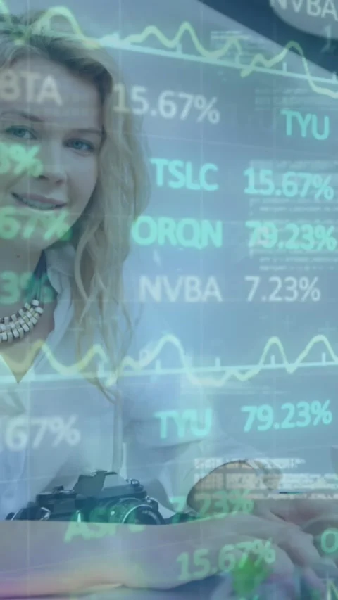 Animation of binary codes, computer language and trading board, caucasian woman Stock Footage 320921649