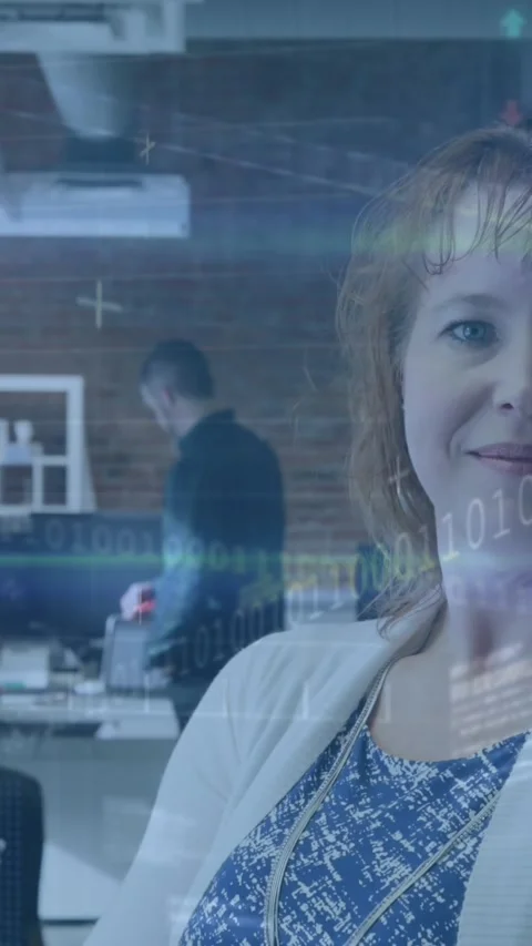 Animation of binary codes, computer language, trading board over caucasian woman Stock Footage 321666598
