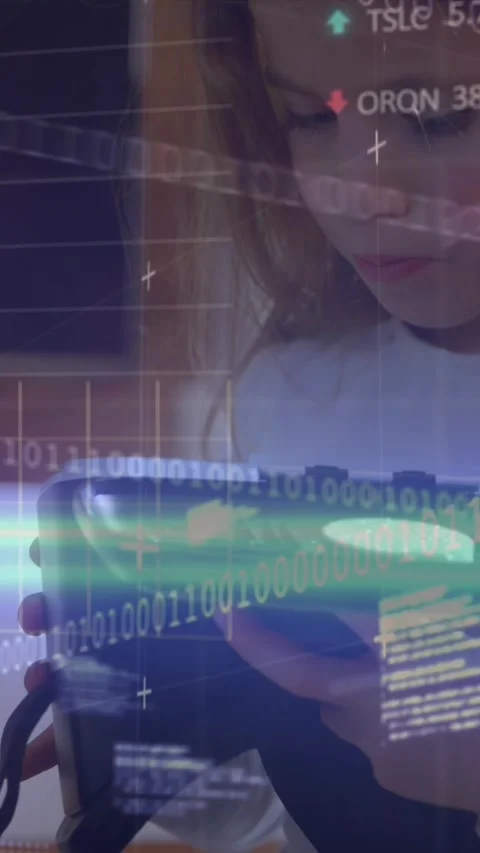 Animation of binary codes, computer language, trading board over caucasian girl Stock Footage 321667144