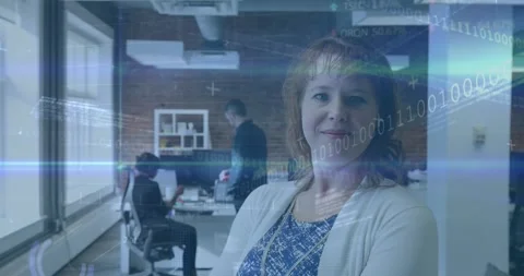 Animation of binary codes, computer language, trading board over caucasian woman Stock Footage 327444820