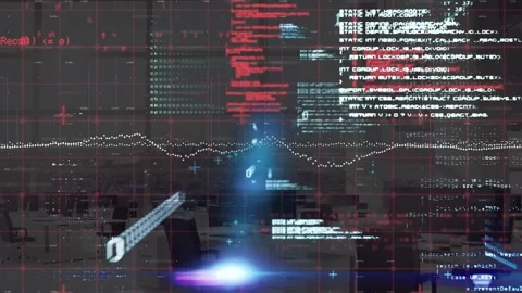Animation of binary codes, computer language, graphs, empty room with computers Stock Footage 328357783