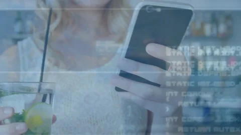Animation of binary codes, computer language over caucasian woman holding drink Stock Footage 328974668