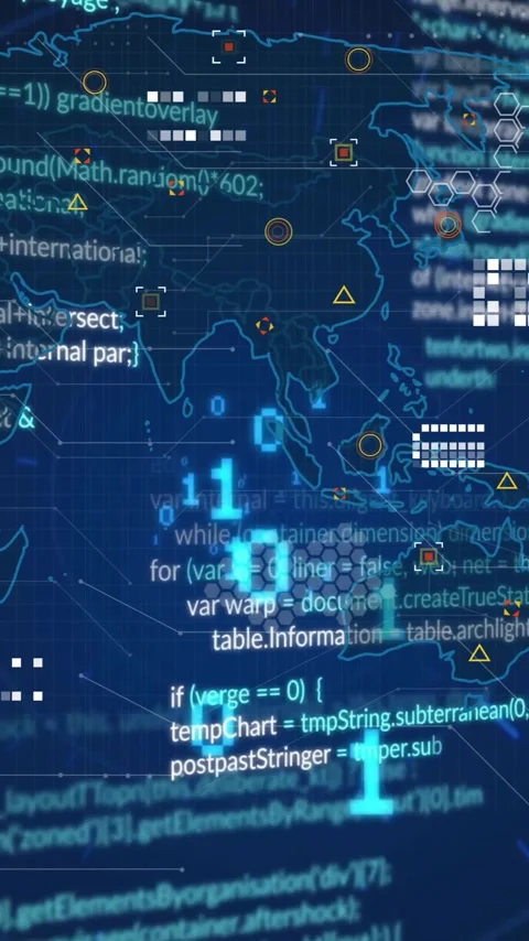 Animation of binary codes, computer language and geometric shapes on map over 스톡 동영상 343718890