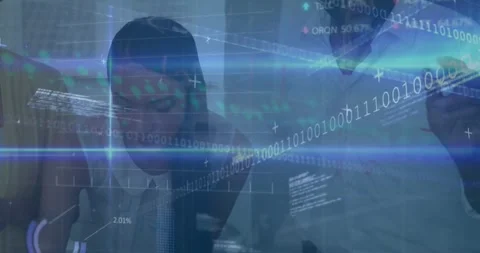 Animation of binary codes, computer languages, trading board, diverse coworkers Stock Footage 327525839