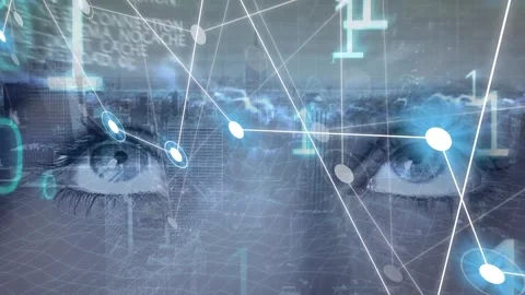 Animation of binary codes, connected dots, dense clouds and modern city, eyes of 스톡 동영상 245327441