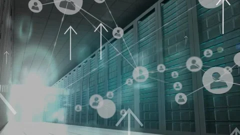 Animation of binary codes, connected icons, up arrows over data server room Stock Footage 257068239