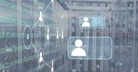 Animation of binary codes, connected profile icons over data server systems Stock Footage 327280520