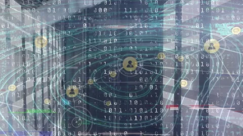 Animation of binary codes with connecting dots microprocessor over server room Vídeo Stock 316216980