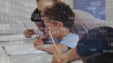 Animation of binary codes, dots connecting with lines, multiracial teacher Stock Footage 328927098