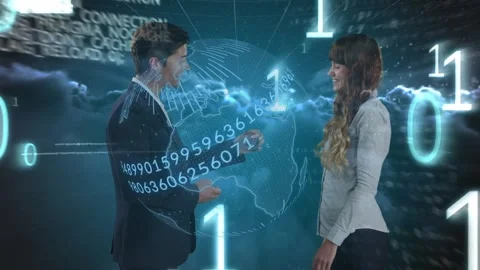 Animation of binary codes, globe, caucasian businessman giving keys to Stock Footage 330735328