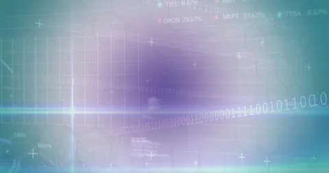 Animation of binary codes, graphs and trading board against hexagon pattern in Stock Footage 244935994