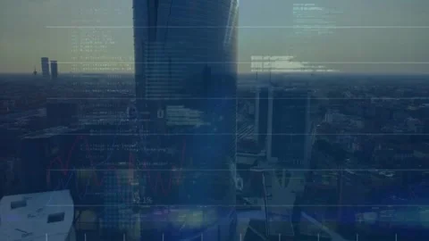 Animation of binary codes, graphs, changing numbers, computer language, aerial Stock Footage 248821811
