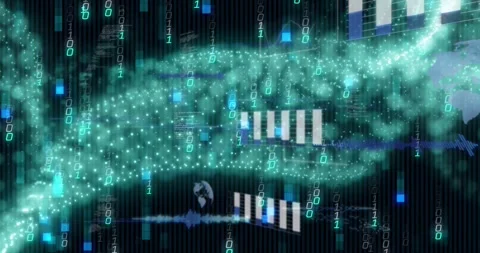 Animation of binary codes, graphs, globes and computer language over dynamic Stock Footage 327846679