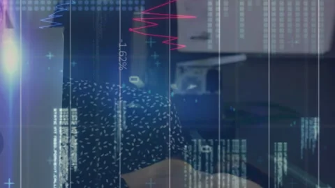 Animation of binary codes, graphs, numbers, programming language, asian woman Stock Footage 313095013