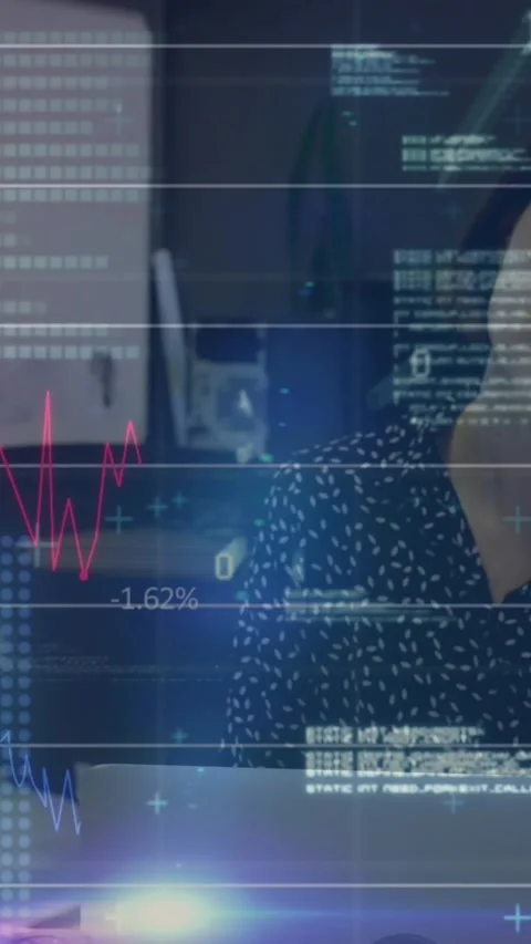 Animation of binary codes, graphs, numbers, programming language, asian woman Stock Footage 321991512