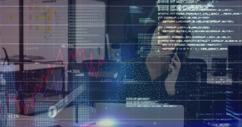 Animation of binary codes, graphs, numbers, programming language, asian woman Stock Footage 329123609