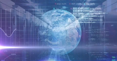 Animation of binary codes, graphs, trading boards, globe and computer language 動画素材 247124423