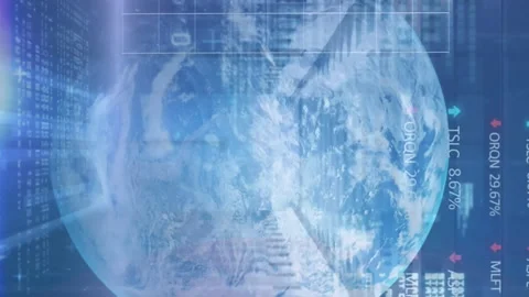 Animation of binary codes, graphs, trading boards, globe and computer language Stock Footage 312325393