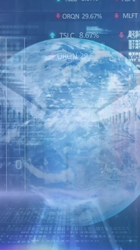 Animation of binary codes, graphs, trading boards, globe and computer language Stock Footage 321039339
