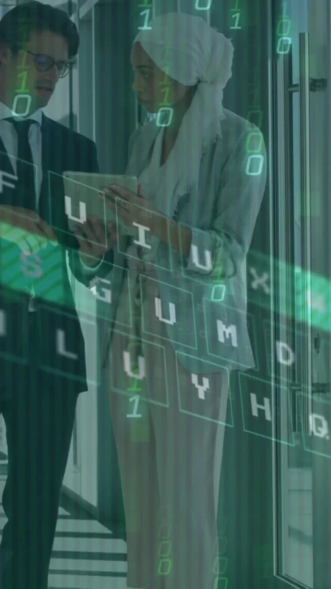 Animation of binary codes, illuminated pattern on keyboard, diverse couple Stock Footage 323578905