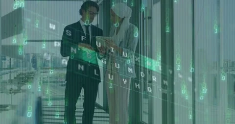 Animation of binary codes, illuminated pattern on keyboard, diverse couple Stock Footage 329924482