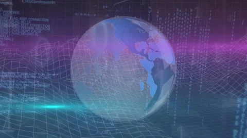 Animation of binary codes, lens flares, computer language and globe against 3d Stock Footage 222235950