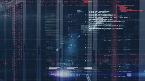Animation of binary codes, loading bars and computer language over server room Stock Footage 246530534