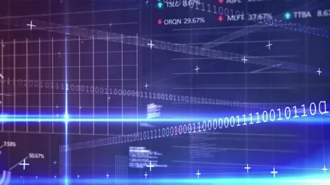 Animation of binary codes, loading circles, graphs, trading board and computer Stock Footage 239789502