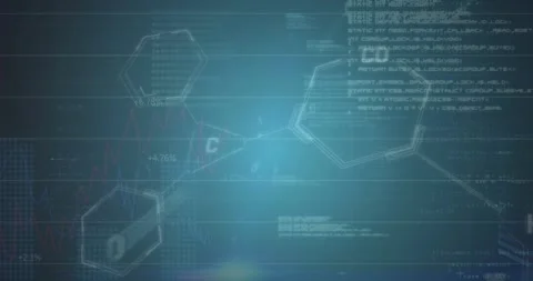 Animation of binary codes, molecule structures over computer language against Video stock 244935988