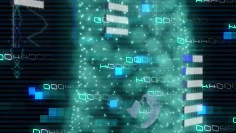 Animation of binary codes moving in wave patterns over globes and graphs Stock Footage 312965570