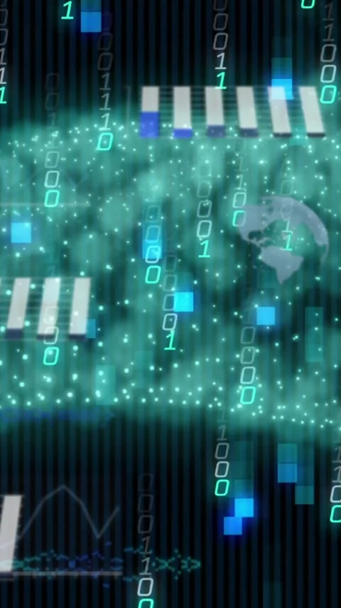 Animation of binary codes moving in wave patterns over globes and graphs Stock Footage 323578973