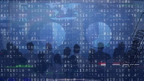 Animation of binary codes, multiracial team looking financial data on digital Stock Footage 329510995
