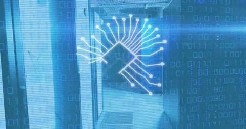 Animation of binary codes over ai text in chip against server room in background Stock Footage 246588858