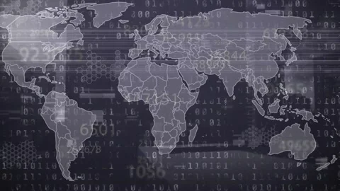 Animation of binary codes over changing numbers and map against modern buildings Stock Footage 237727740