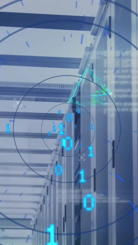 Animation of binary codes over circles and connected dots forming shape against Stock Footage 321039230