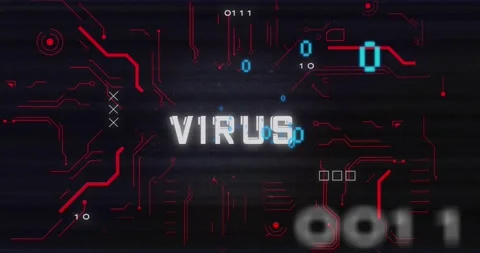 Animation of binary codes over circuit board pattern around virus text against Stock Footage 242067706