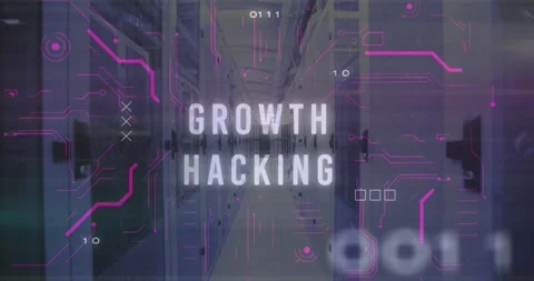 Animation of binary codes over circuit board pattern and growth hacking text Stock Footage 329297032
