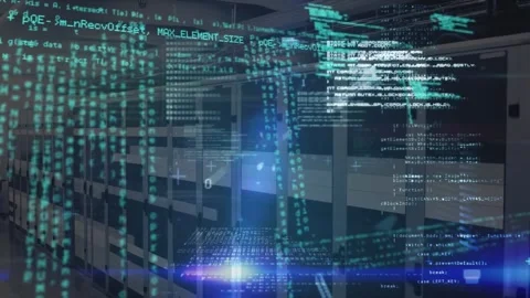 Animation of binary codes over computer language and lens flares against server Stock Footage 246530606