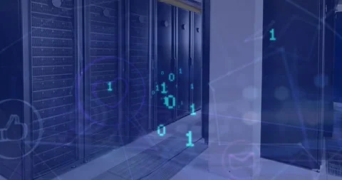 Animation of binary codes over connected icons against server room in background Stock Footage 330294995
