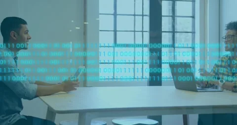 Animation of binary codes over diverse coworkers discussing while using laptop Stock Footage 251290815
